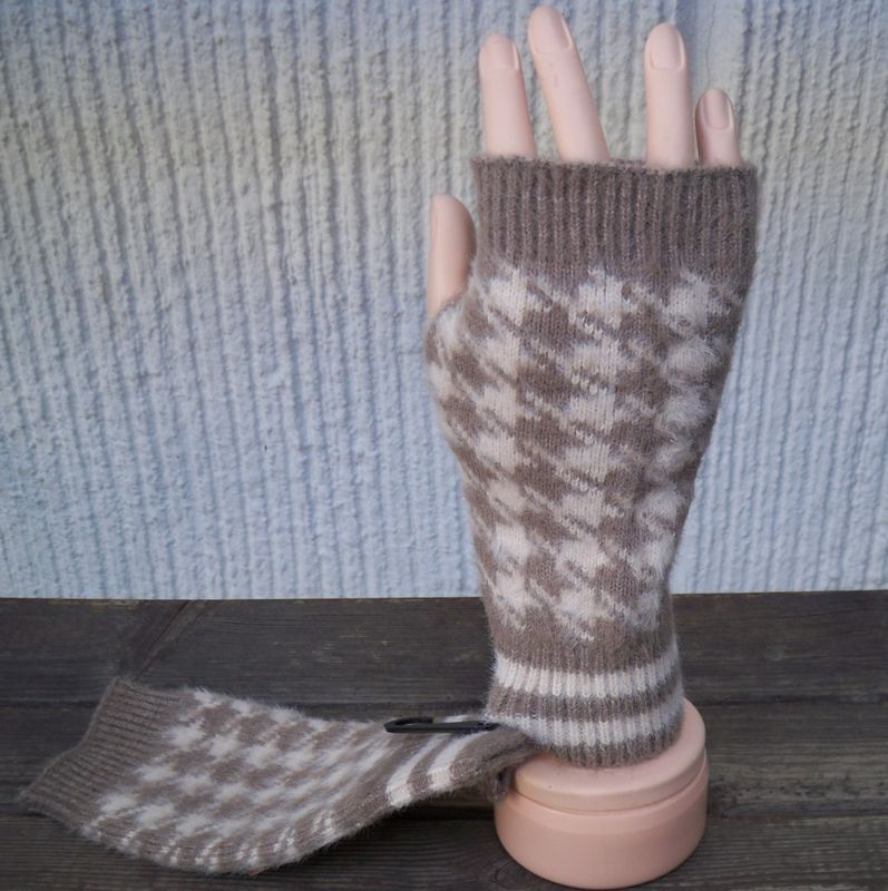 Taupe Beige Hundtandsmönstrade Torgvantar/Handledsvärmare