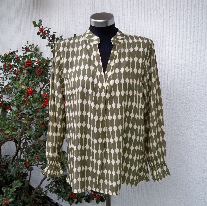 Olivgrön Beige Mönstrad Blus Lång Ärm