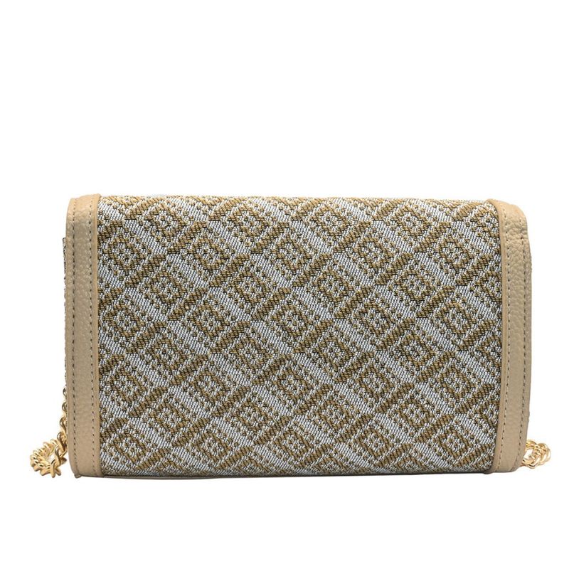 Beige liten mönstrad kuvertväska clutch med axelrem kedja