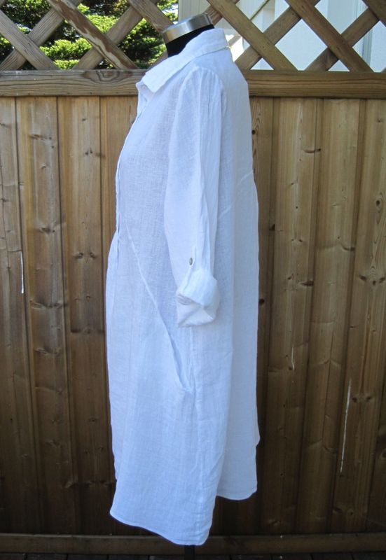 Vit Knälång Linneklänning / Tunika Med Krage