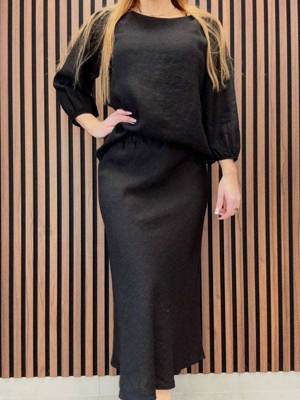 Gemini - Xenia Svart Ankellång Linnekjol