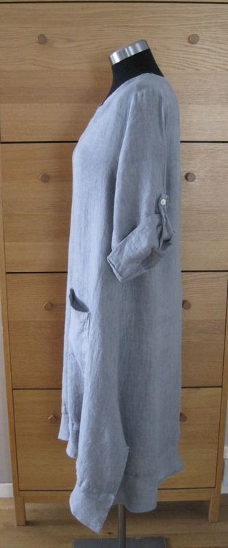 Grå Vadlång Linneklänning Med 3/4 Ärm